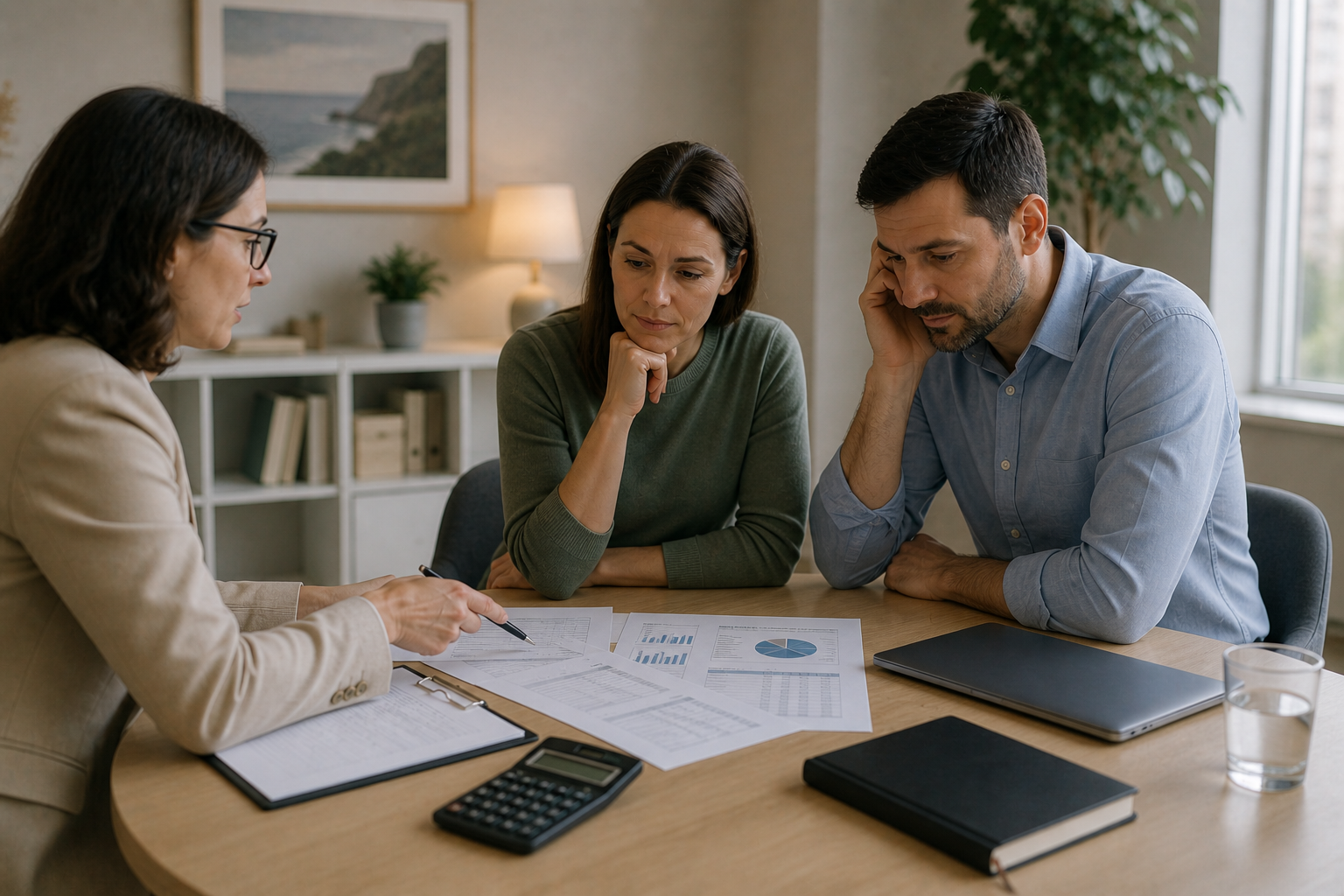 Two individuals sitting across from each other at a table, engaged in a financial discussion. The image conveys a sense of professionalism and calm, highlighting the importance of clear communication in financial matters during family change.